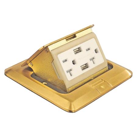 SOUTHWIRE Pop Up Floor Box Kit, (2) USB ports & (2) 20 Amp receptacles, Brass FBCVBR-U-KIT